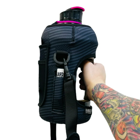 Lit Handlers 1/2 Gallon Jug, Blacked Out USA Flag Design - Neoprene Insulating Sleeve w/ Detachable Shoulder Strap, 3 pockets, including one mesh pocket for cards/cash & one for chapstick