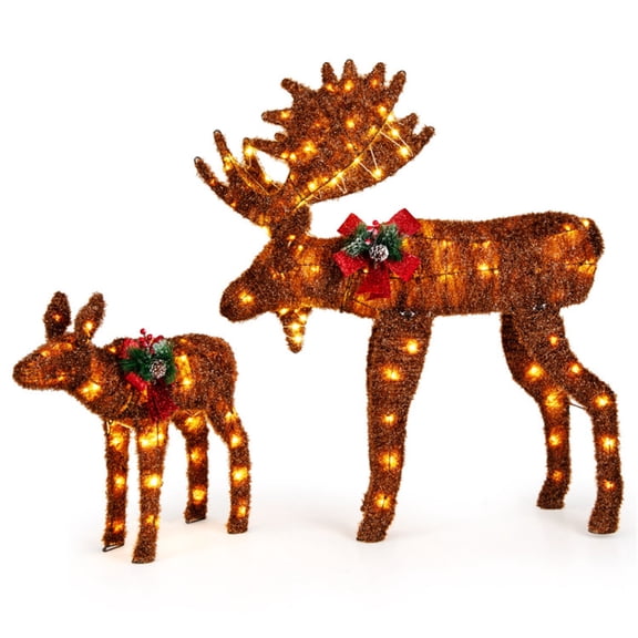 Lit Moose Family Christmas Decoration Set - 2-Piece 170 Warm White LED Lights, All-Weather PVC & Metal, 3.6ft & 2ft, Brown - Yard & Porch Decor