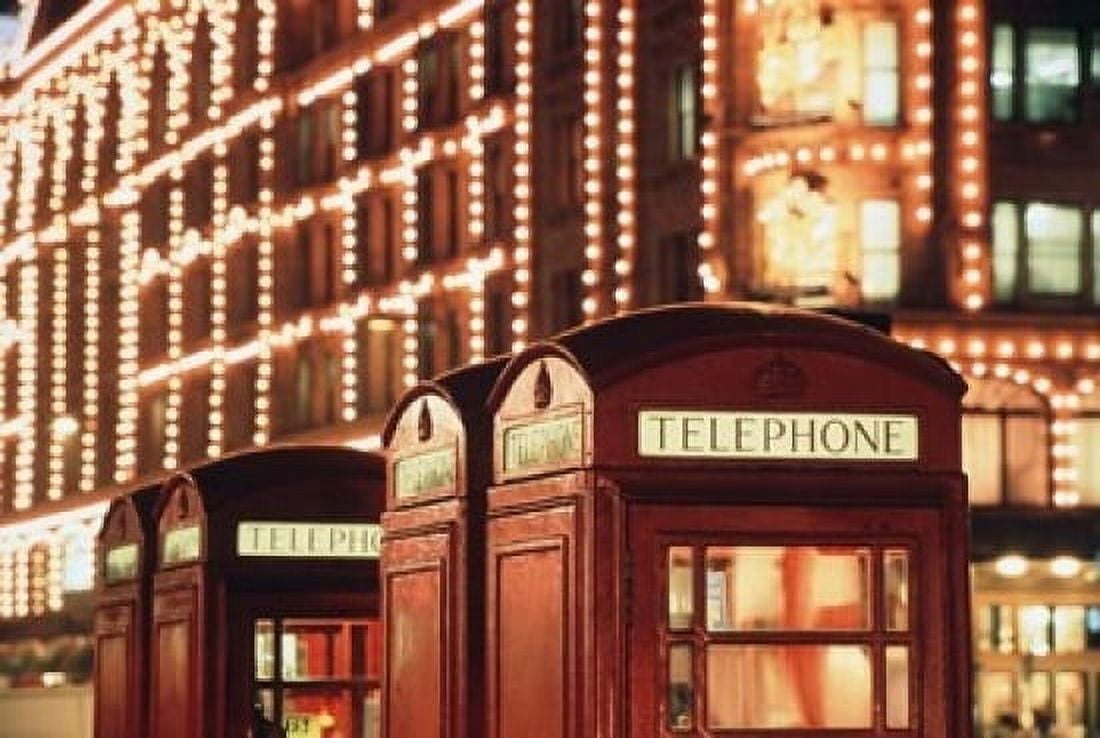 Lit Telephone booth at Harrods Knightsbridge London England Canvas Art - Walter Bibikow DanitaDelimont (24 x 15)