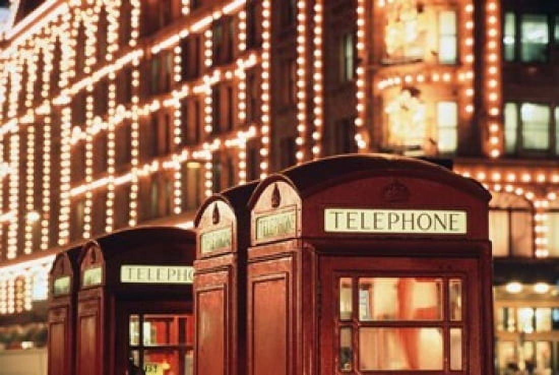 Lit Telephone booth at Harrods Knightsbridge London England Canvas Art - Walter Bibikow DanitaDelimont (35 x 23)