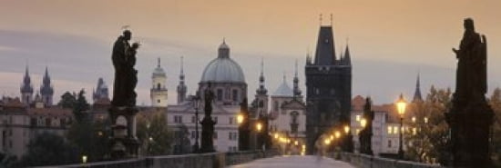 Lit Up Bridge At Dusk Charles Bridge Prague Czech Republic Canvas Art - Panoramic Images (36 x 12)