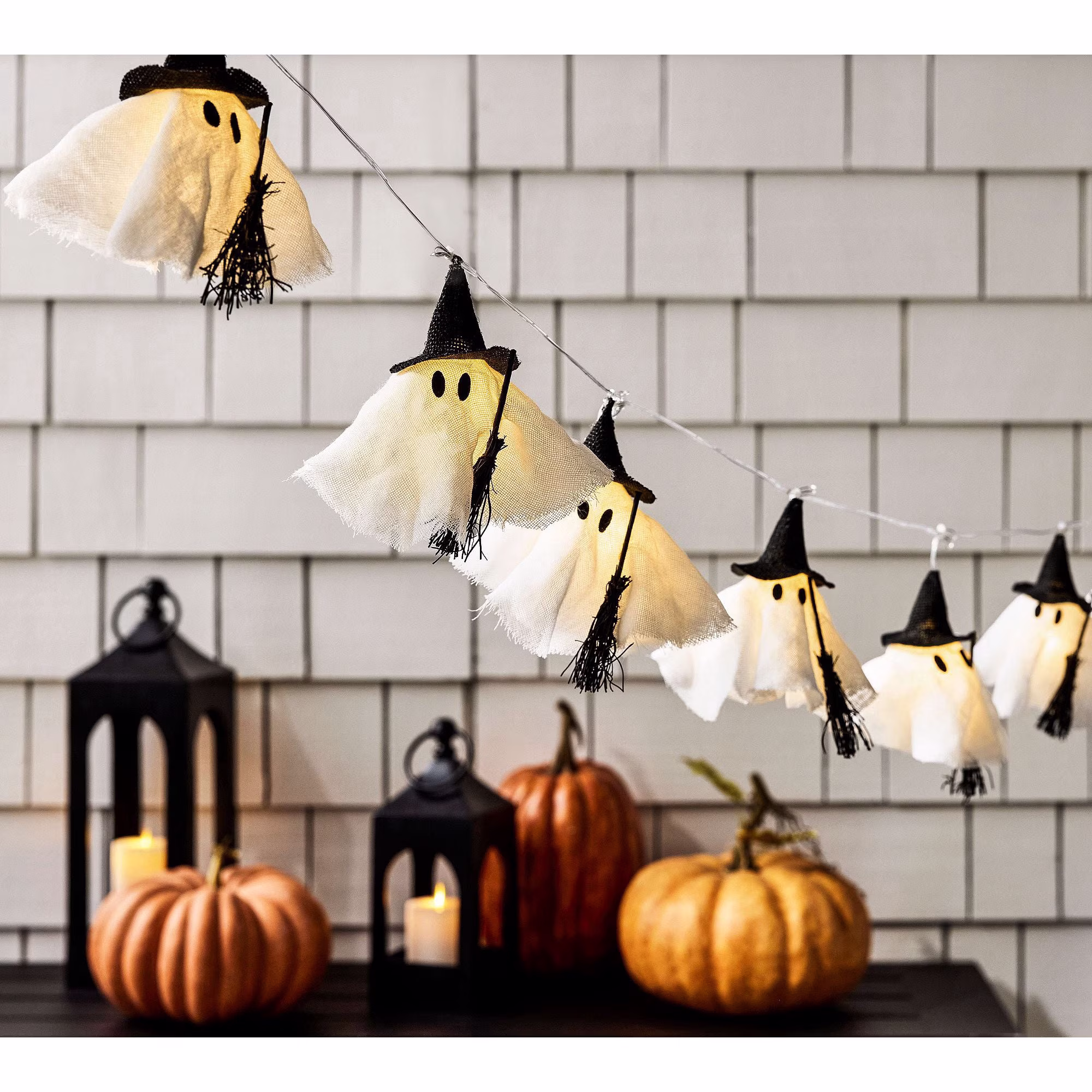 Lit Witch Ghost String Lights, 71" Halloween Fabric Warm LED Garland Lights with Witch Hat and Mini Broom, Spooky Autumn Harvest Indoor Festive Holiday Home Mantel Party Decor