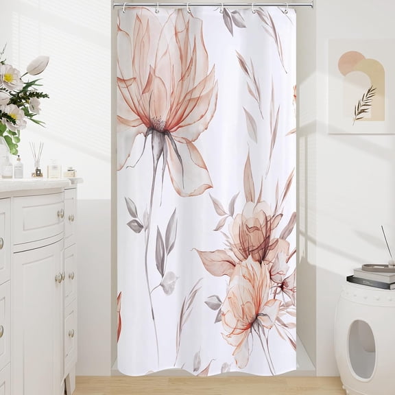 Litabel Small Stall Boho Watercolor Floral Shower Curtain 36 x 72, Orange and Grey Ink Painting Style Flower Shower Curtains for Chic Elegant Bathroom, Artistic Narrow Half Size Shower Curtain
