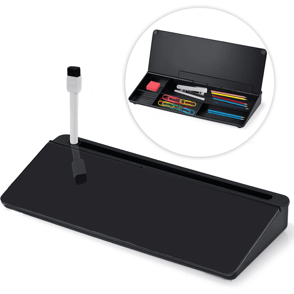 LitaiL Desktop Dry Erase Board, Tempering Glass Whiteboard with Storage, Keyboard Stand Desk Organizers, Black