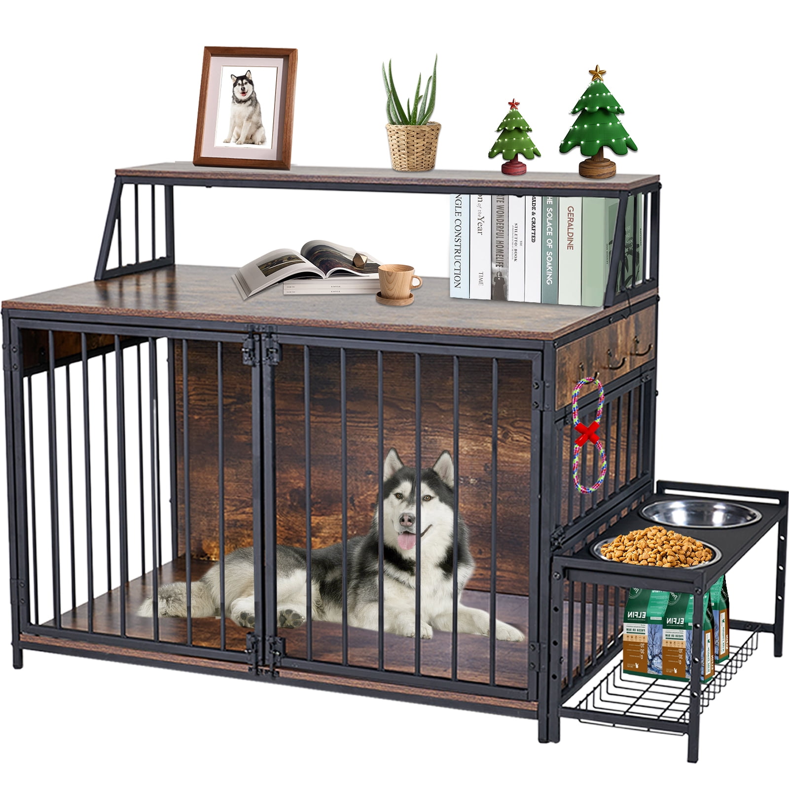 LitaiL Dog Crate Furniture with Adjustable Dog Bowls, 39"L Large Wooden