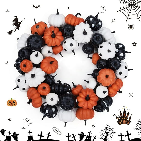 Litake 18 Inch Halloween Fall Wreath for Front Door, Black Orange White Artificial Pumpkin Wreath for Fall and Halloween Indoor Outdoor Home Party Decor