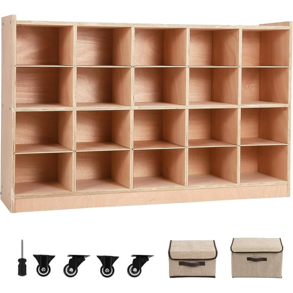Litake 20 Cubby Mobile Tray Storage Cabinet, Storage Organizer Cubes with 2 Anti-Flip Fittings, 4 Castors and 2 Boxes for Home, School, Kindergarten, Natural