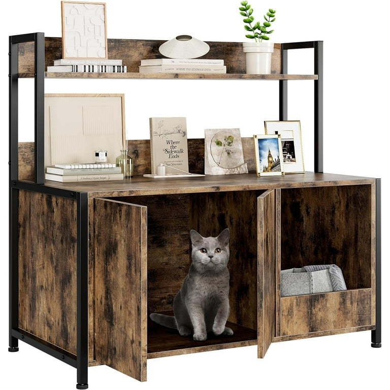Litake 2024 New Cat Litter Box Enclosure Retro Sleek Hidden Litter Box Enclosure with Shelves Storage Wooden Cat Litter Furniture The Purrfect