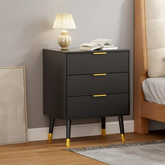 Litake 3 Drawer Dresser for Bedroom, Modern Closet Dressers Chest of Drawers, Wood Storage Dresser Chest Cabinet Organizer Unit, Small Fluted Nightstands for Bedroom, Black