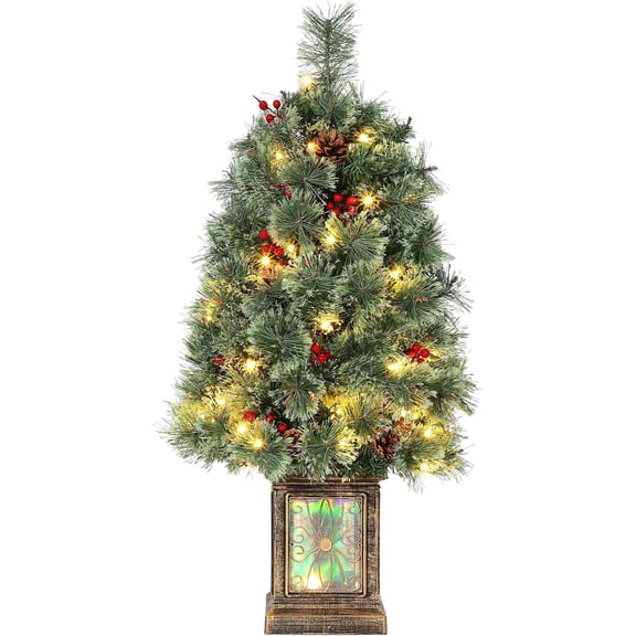Litake 3 Ft Pre-lit Christmas Tree, Potted Artificial Xmas Tree with 70 LED Lights & 16 Pinecones & 16 Red Berries, Easy Assembly, for Entrance Porch Home Office Indoor Holiday Decor