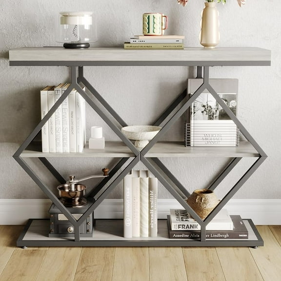 Litake 3-Tier Entryway Table, Industrial Console Sofa Table with Storage, Accent Table with Open Shelves, Diamond-Shaped Metal Frame, Foyer Table for Entryway, Hallway, Grey