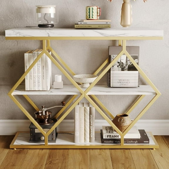 Litake 3-Tier Entryway Table, Industrial Console Sofa Table with Storage, Accent Table with Open Shelves, Diamond-Shaped Metal Frame, Foyer Table for Entryway, Hallway, White