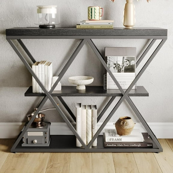 Litake 3-Tier Entryway Table, Industrial Console Sofa Table with Storage, Accent Table with Open Shelves, X-Shaped Metal Frame, Foyer Table for Entryway, Hallway, Black