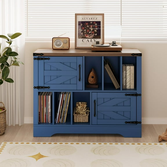 Litake 39in Large Vinyl Record Storage, Farmhouse Wood Turntable Record Player Stand with Storage Cabinet and 2 Barn Doors for Living Room Bedroom, Navy Blue