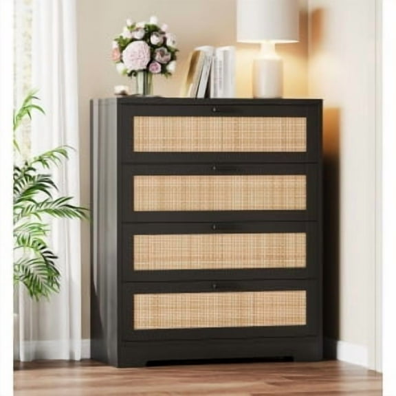 Litake 4 Drawer Dresser for Bedroom, Rattan Chest of Dressers, Modern Wood Tall Dresser with Power Outlets, Drawer Organizer Unit with Metal Handle for Living Room Closet Hallway Entryway