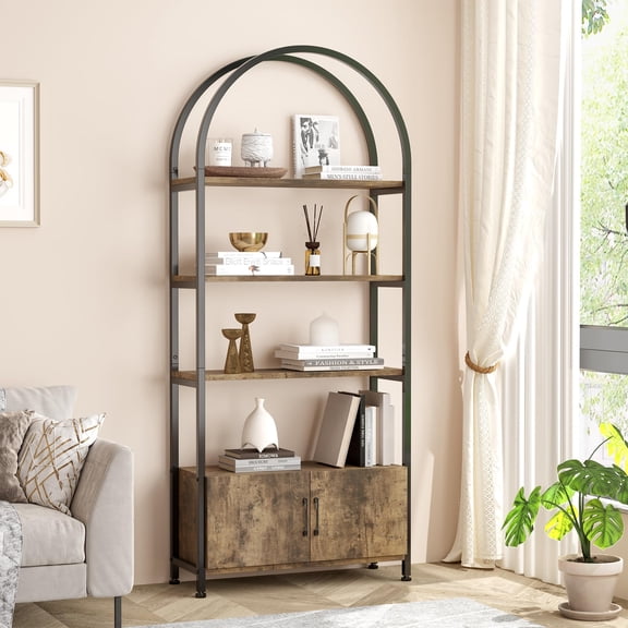 Litake 4 Tier Arched Bookshelf with Doors Storage, 71.5 Inch Tall Industrial Book Shelf with Metal Frame, Open Curved Bookcase, Display Shelf for Living Room and Office, Brown
