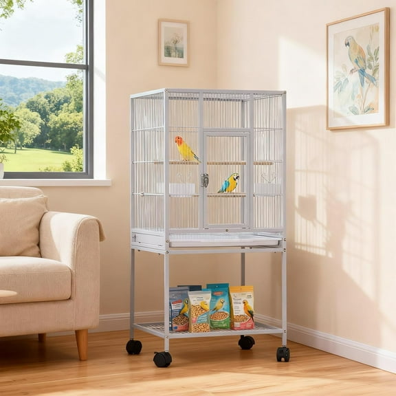 Litake 41-Inch Bird Cage, Rolling Stand & Playtop, Parakeet Cage with Slide-Out Tray, Food Boxes & Wooden Perches for Small Birds - Parakeets, Canaries, Cockatiels, Lovebirds