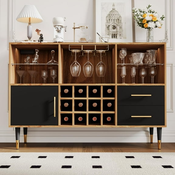 Litake 47 Inch Bar Cabinet with LED Lights & Charging Station, Modern Sideboard Buffet Cabinet with Storage Drawers, Wine Rack & Doors, Coffee Bar Table for Living Room, Dining Room, Home