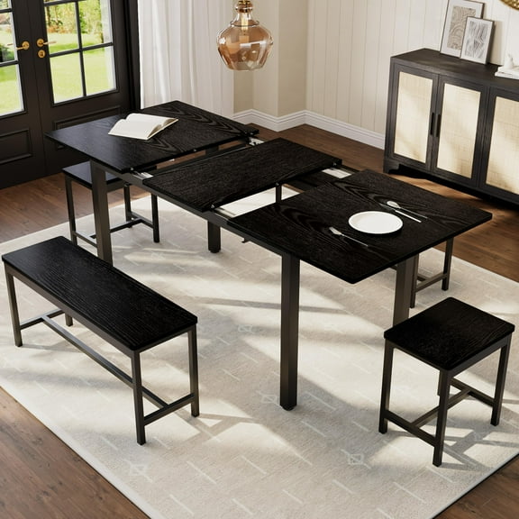 Litake 5-Piece Dining Table Set for 4-8 People, 63" Large Extendable Kitchen Table Set with 2 Benches and 2 Square Stools, Modern Dining Room Furniture Sets, Easy Assembly, Black