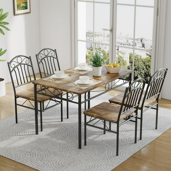 Litake 5-Piece Retro Industrial Dining Table Set with 1 Table & 4 Chairs, Space-Saving Wood Dining Table Set for 4, Kitchen Table Chairs Set of 4, Breakfast Nook,Small Space - Rustic Brown