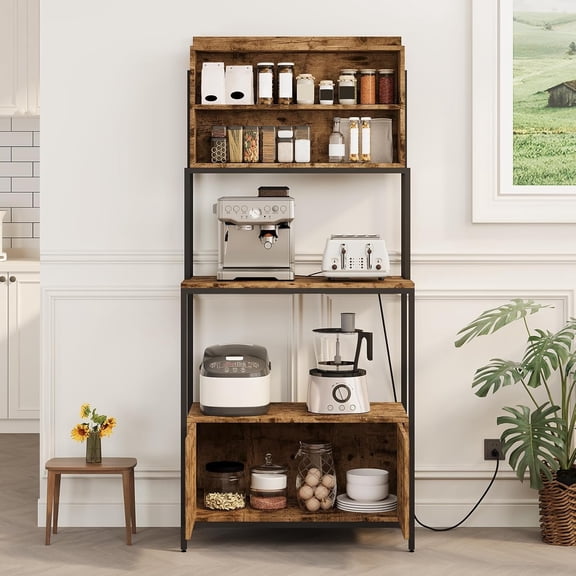 Litake 5 Tier Bakers Rack, Standing Kitchen Coffee Bar Microwave Stand Rack with Power Outlet and Storage Cabinet Shelves, Brown