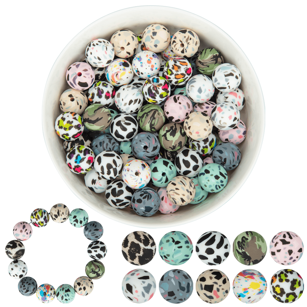 Litake 50Pcs Silicone Loose Beads DIY Necklace Bracelet Beads for Craft Set  Jewelry 15mm Colorful Leopard Silicone Beads Bulk Round Assorted Beads