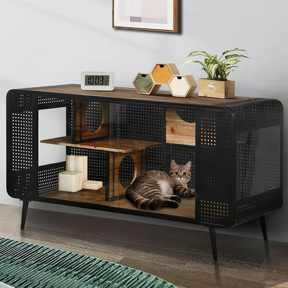 Litake 55.12" Cat House with 2 Sliding Tempered Glass Doors, Metal Spacious Pet Kennel with Hollow Out Design for Living Room Hallway Study Room And Other Spaces