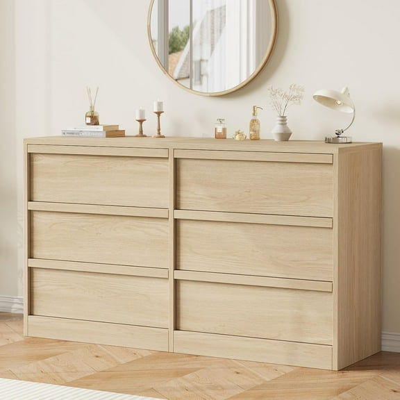 Litake 6 Drawer Dresser for Bedroom, 46in Wide Natural Oak 6 Chest of Drawers with Large Storage, Wooden Dresser Organizer for Living Room, Nursery, Entryway