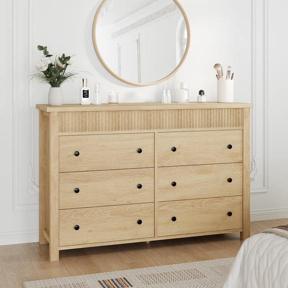 Litake 6 Drawer Dresser for Bedroom, Wooden Chest of Drawers, Fluted TV Stand, Storage Organizer for Living Room, Hallway and Entryway, Natural Oak