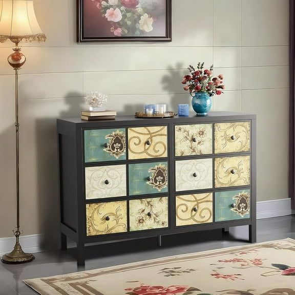 Litake 6 Drawers Dresser for Bedroom, Wood Rustic Chest of Drawers with Metal Handle, Retro Floral Pattern Drawer, Farmhouse Dresser for Bedroom, Living Room, Floral Painted, Black