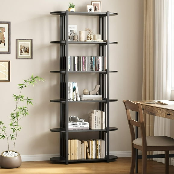 Litake 6 Tier Wooden Bookshelf, 71 Inches Industrial Tall Book Shelf, Metal Frame Large Open Bookcase, Freestanding Wooden Bookshelf Storage Rack for Bedroom, Living Room, Home Office