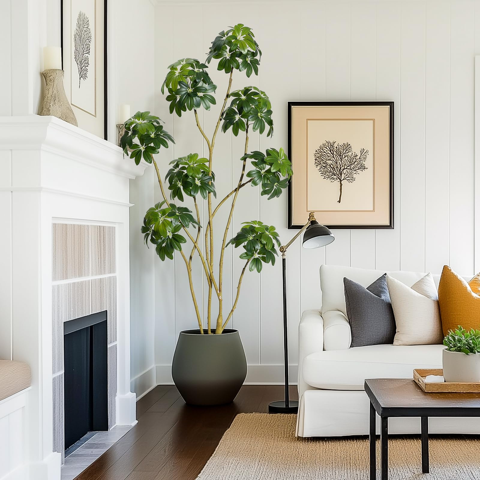 Litake 6 ft Tall Fake Plant Indoor,Faux Floor Tree Fake Trees in Decorative White Planter with Multiple Trunks Design, Artificial Umbrella Schefflera Tree for Home Offices Porch Decor
