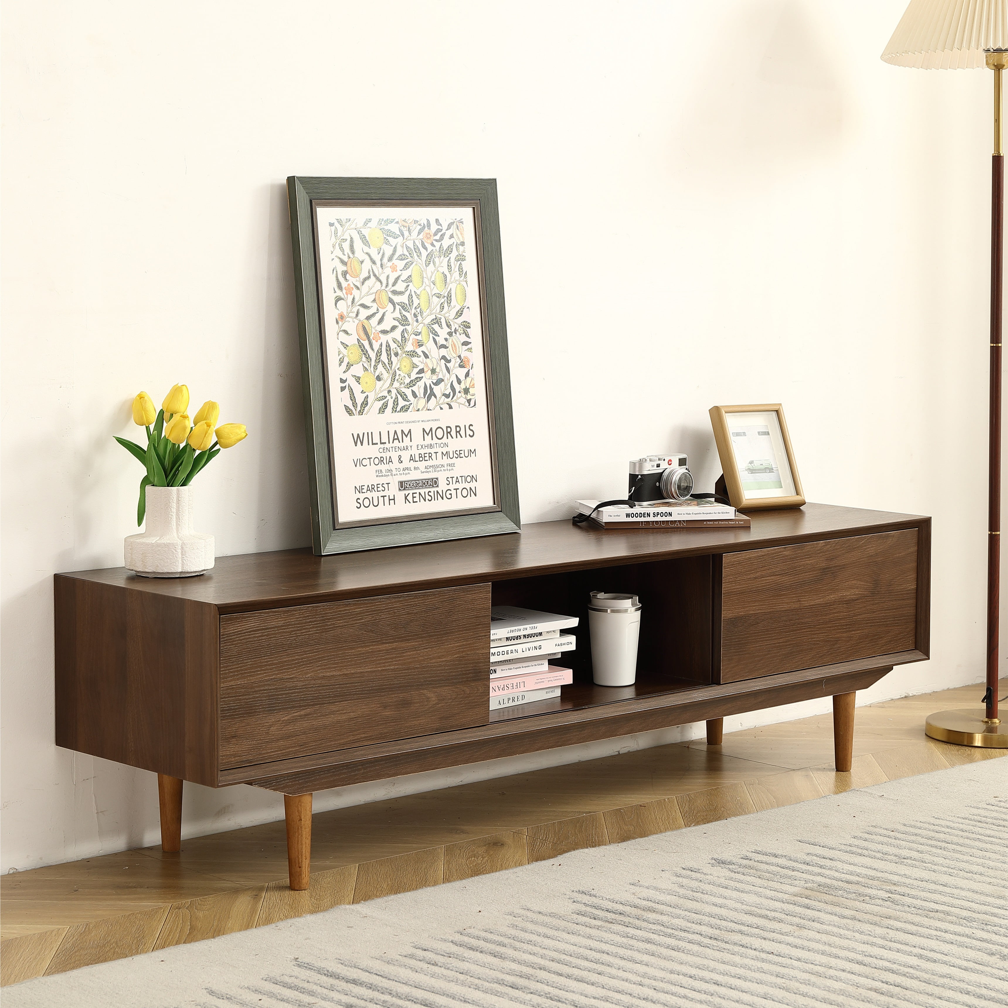 Litake 63 Inch Modern TV Cabinet with Double Sliding Doors Solid Wood ...