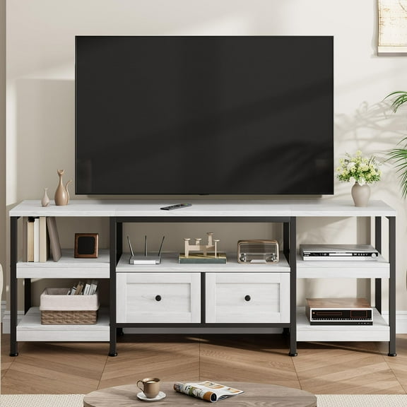 Litake 63" Industrial TV Stand with 2 Drawers, Entertainment Center for TVs Up to 65", Rustic Media Console with Storage Shelves, Open Design & Metal Frame, White