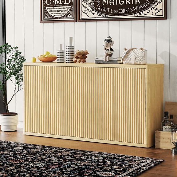 Litake 66.3 in Buffet Cabinet with Storage, Mid Century Modern Sideboard Storage Cabinet with 4 Doors & Adjustable Shelves, Large Buffet Sideboard for Dining Room, Entryway- Natural