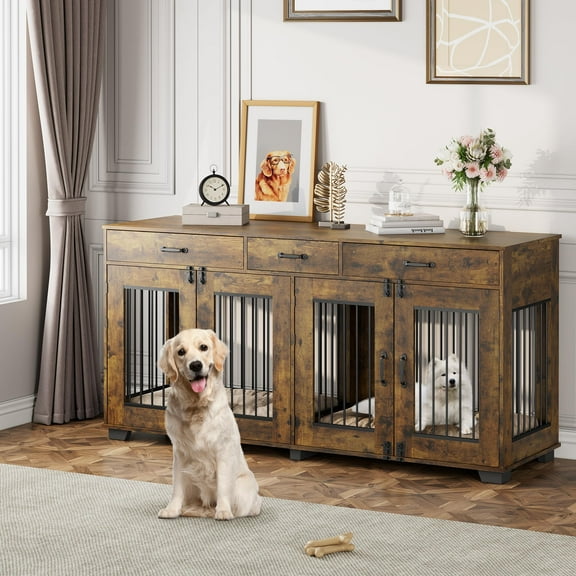 Litake 71 Inch Dog Crate Furniture for 2 Rooms, Wooden Double Crate Large Breed with Door, Dog Kennel Indoor, TV Stand End Table with Divider for Large Medium Dogs,Brown