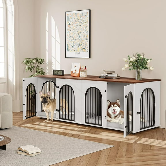 Litake 71" Large Dog Crate Furniture for 2 Dogs, Wooden Double Dog Crate with Door, Indoor Dog Kennel TV Stand with Divider and Cushion for Large Medium Dogs,White/Brown