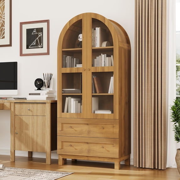 Litake 71" Tall Arched Bookshelf, Modern Bookcase with 2 Drawers, Glass Door and Adjustable Shelf, Wooden Display Cabinet, Versatile Bookshelf Kitchen Storage Pantry for Living Room, Bedroom- Natural