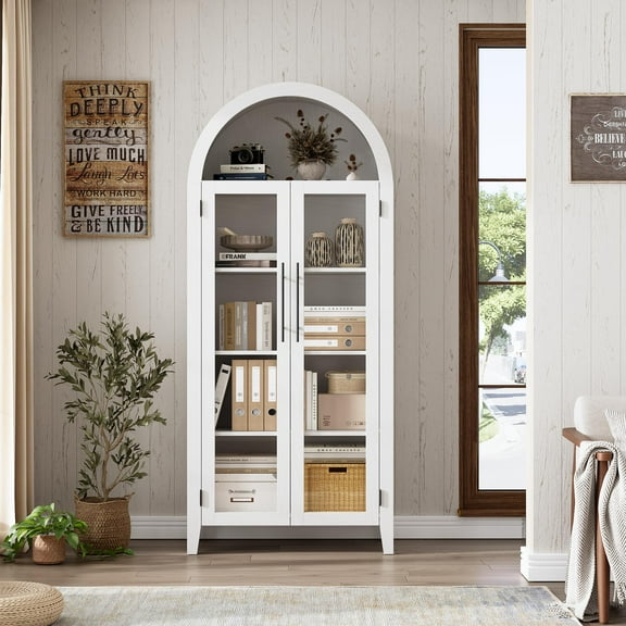 Litake Arched Kitchen Pantry Storage Cabinet - Farmhouse 5 Tier Display Shelf with Adjustable Shelf and 2 Large Glass Doors, Versatile Cupboard for Kitchen, Dinning Room, Living Room, White