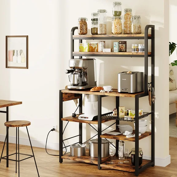 Litake Bakers Rack with Power Outlet, Coffee Bar with Wire Drawer, Industrial Microwave Stand, Kitchen Buffet Table with Large Storage, 6-Tier Kitchen Storage Rack with Hutch, Rustic Brown