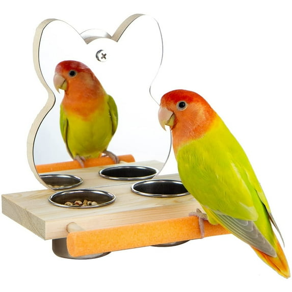 Litake Bird Mirror Parrot Mirror Parrot Cage Toy with Feeder Cups Bowl for Parakeet Cockatoo Cockatiel Conure Lovebirds Finch Canaries Light Wood Color