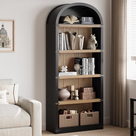 Litake Bookcase 5 Shelf Arched Bookshelf 71.65in Tall Bookcase Farmhouse Display Storage Rack Wooden Bookshelves for Home Office, Living Room (Black/Natural)