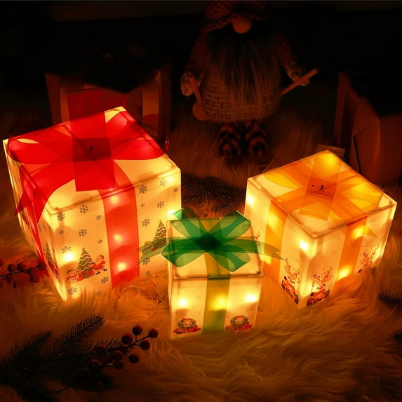 Litake Christmas Decorations Lighted Gift Boxes, Set of 3 Gift Boxes (Large, Medium, Small) with 50 Mini Lights for Indoor Outdoor Christmas Tree Home Party Decor (Cartoon Theme)