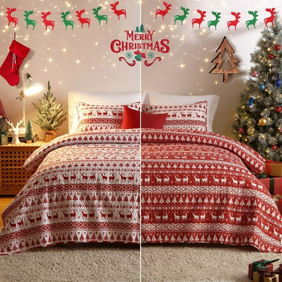 Litake Christmas Quilt Set King Size - Boho Reversible Bedspread Coverlet Set with Christmas Tree Reindeer Snowflakes Printed Pattern, Soft Lightweight Bohemian Quilt Bedding Cover Set King