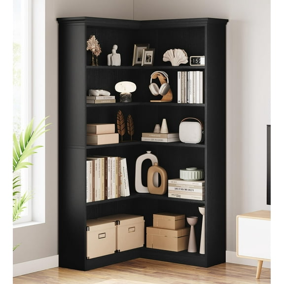 Litake Corner Bookshelf 72.8in Farmhouse Bookcase Large Bookshelf Wood Bookcase Tall 5 Tier Corner Shelf L Shaped Bookshelf Storage Display Rack Living Room Bedroom