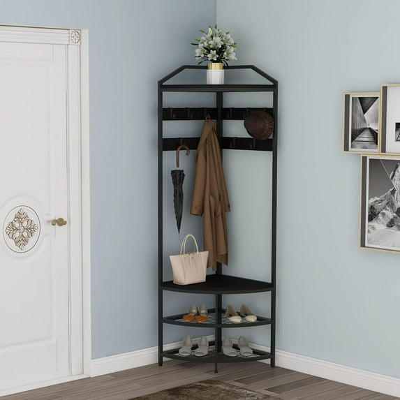Litake Corner Coat Rack with Storage, Simple Hall Tree with Mesh Shelves, Anti-Toppling Devices, Freestanding Metal Clothes Rack Shoes Shelf Organizer for Entryway Bedroom Black