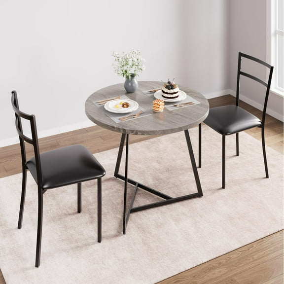 Litake Dining Table Set for 2, Kitchen Table and Chairs for 2 with Upholstered Chairs, 3 Piece Dining Room Table Set, Round Kitchen Table Set for Small Space, Apartment, Studio, Rustic Gray