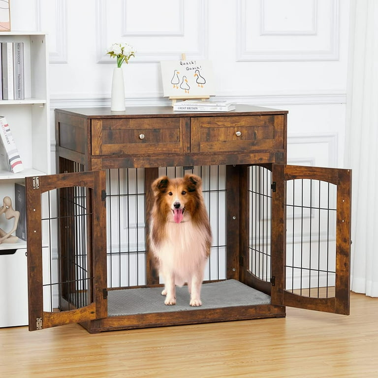 Litake Furniture Style 3 Door 394 Wooden Pet Kennel Crate for Dogs with Cushion