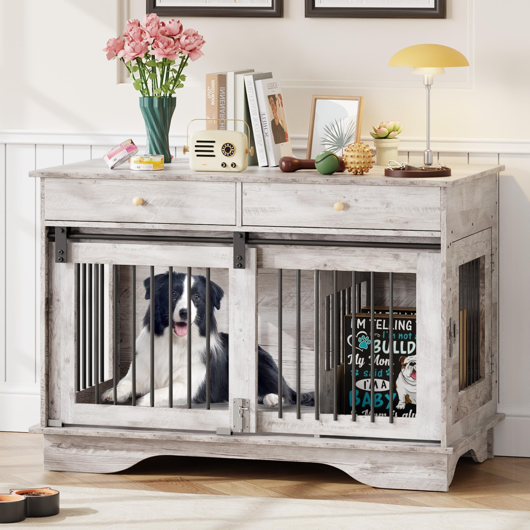 Litake Dog Furniture Crate, 47" Large Dog Crate Furniture w/ 2 Storage Draws & Removable Divider for Large/Medium/Small Dogs, Grey