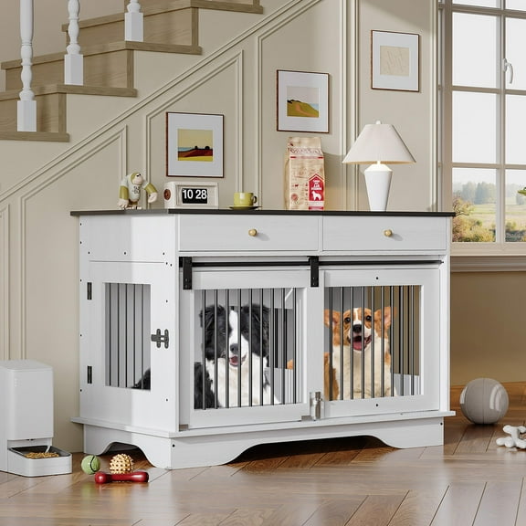 Litake Dog Furniture Crate, 47" Large Dog Crate Furniture w/ 2 Storage Draws & Removable Divider for Large/Medium/Small Dogs, White